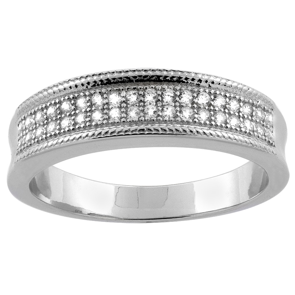 Sterling Silver Micro Pave Cubic Zirconia Ladies' Wedding Band, 3/16 inch wide, sizes 5 to 10