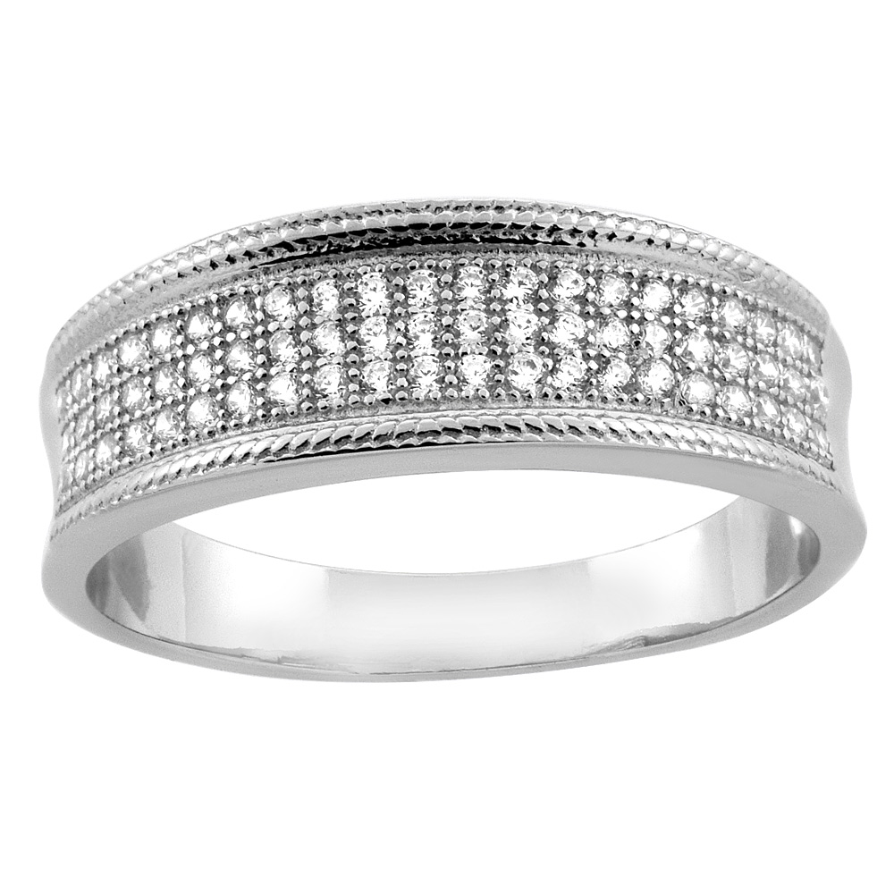 Sterling Silver Micro Pave Cubic Zirconia Men's Wedding Band, 1/4 inch wide, sizes 8 to 14