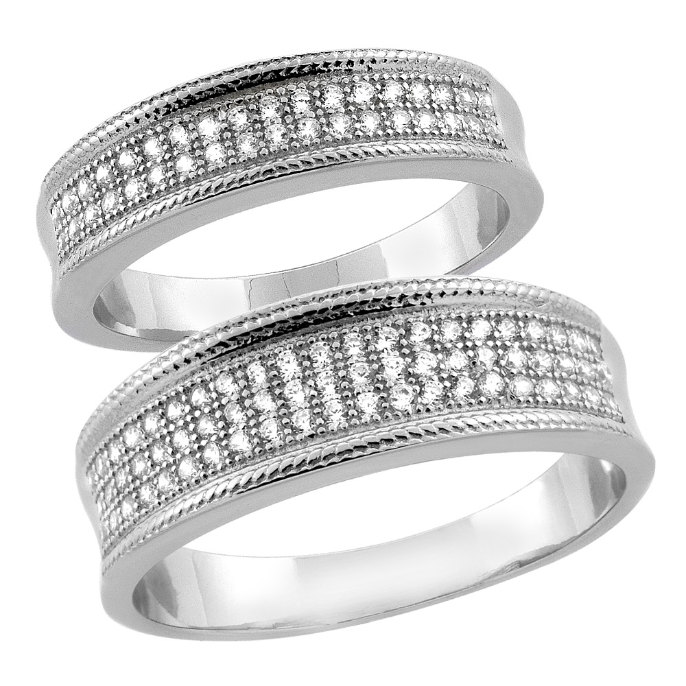 Sterling Silver Micro Pave Cubic Zirconia Wedding Ring 2-Piece Set 7 mm Him &amp; Hers 5 mm, sizes M 8-14 L 5-10