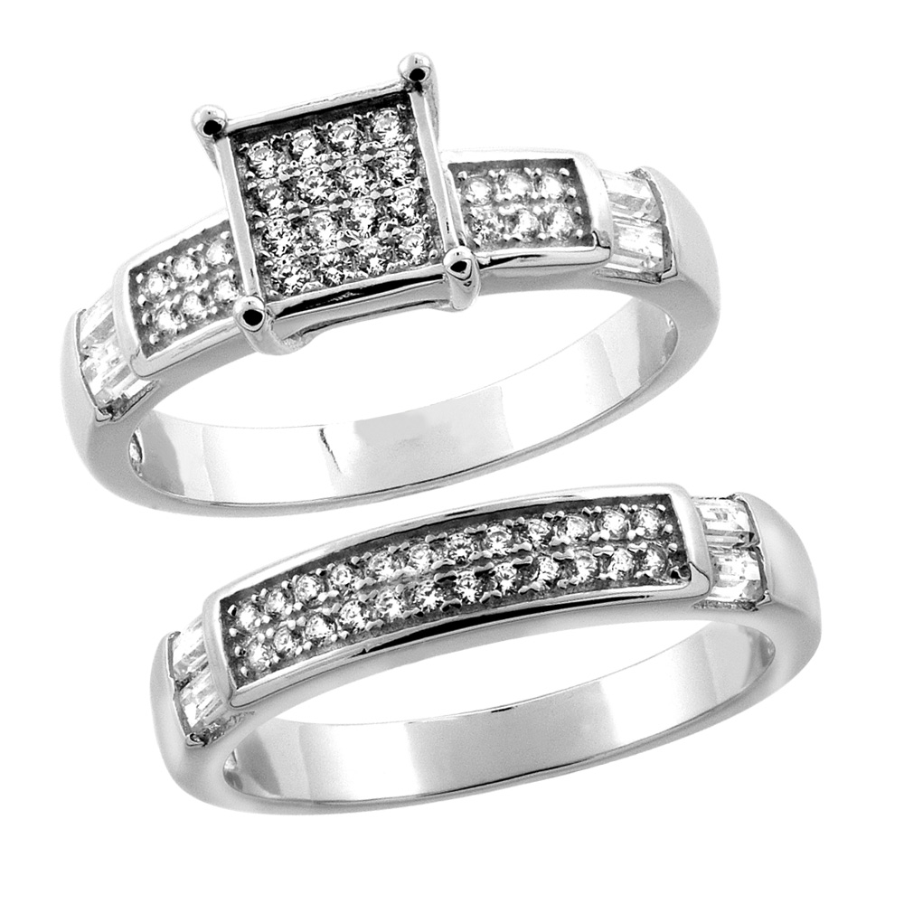 Sterling Silver Micro Pave Cubic Zirconia Square Ladies' Engagement 2-Piece Ring Set, 1/4 inch wide, sizes 5 to 10