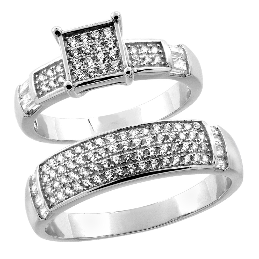 Sterling Silver Micro Pave Cubic Zirconia Engagement Ring Set for 6 mm Him & Hers 6 mm, L 5 - 10 & M 8 - 14