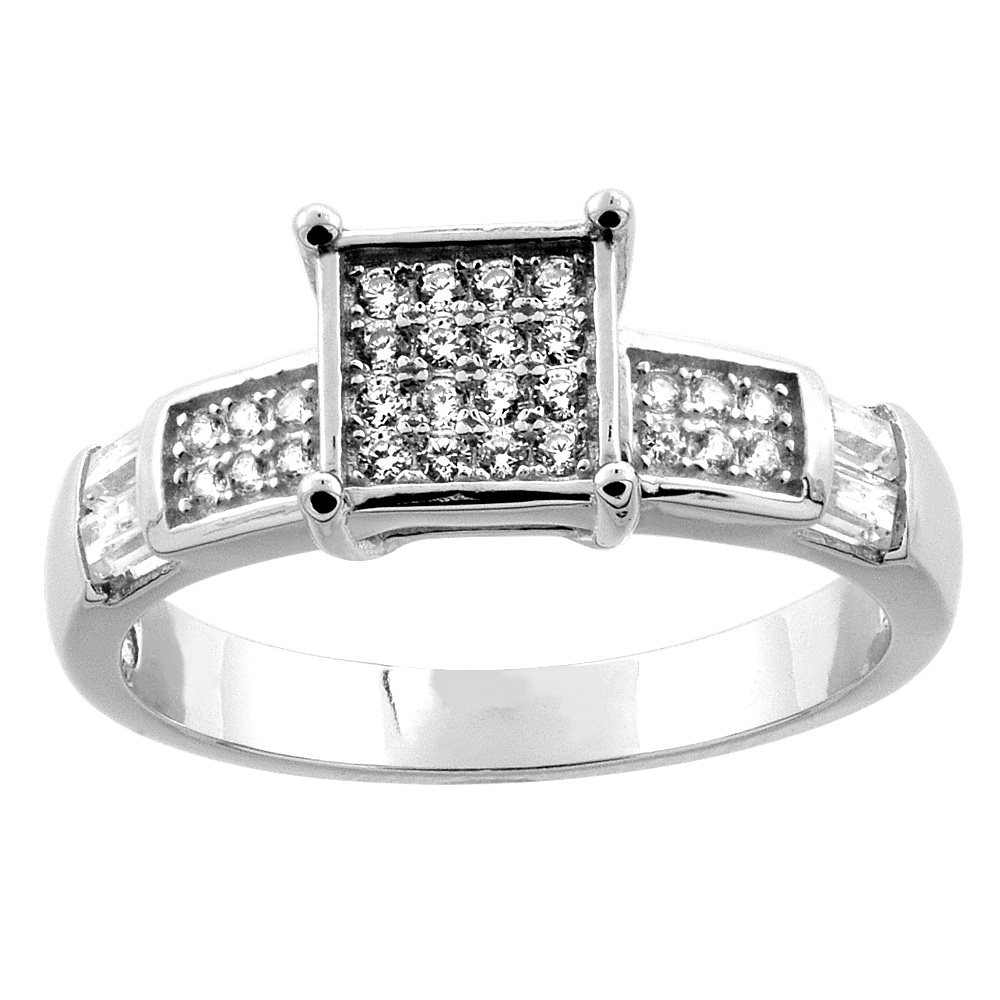 Sterling Silver Micro Pave Cubic Zirconia Square Ladies' Engagement Ring, 1/4 inch wide, sizes 5 to 10