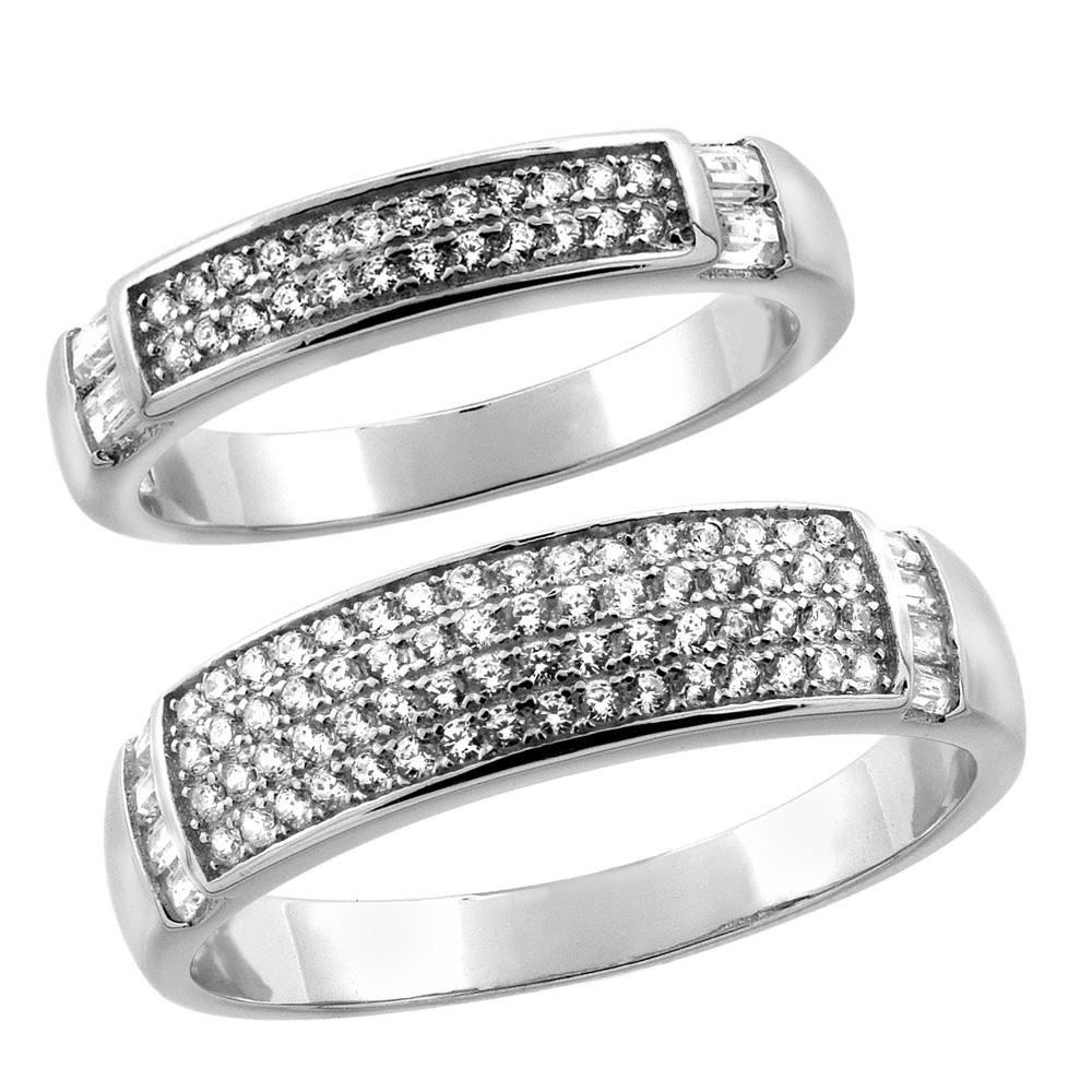 Sterling Silver Micro Pave Cubic Zirconia Wedding Ring 2-Piece Set 6 mm Him & Hers 4 mm, sizes M 8-14 L 5-10