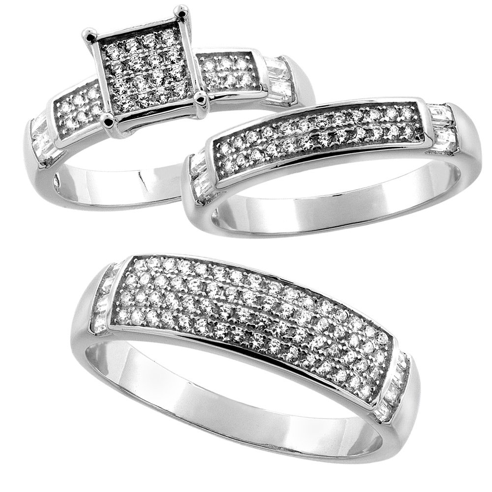 Sterling Silver Micro Pave Cubic Zirconia Trio Wedding Ring Set for 6 mm Him &amp; Hers 4 mm, L 5 - 10 &amp; M 8 - 14
