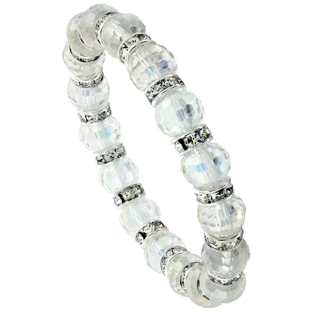 Clear Crystal Beads, Faceted, Stretch Bracelet W/ Cubic Zirconia Stones, 7 inch long