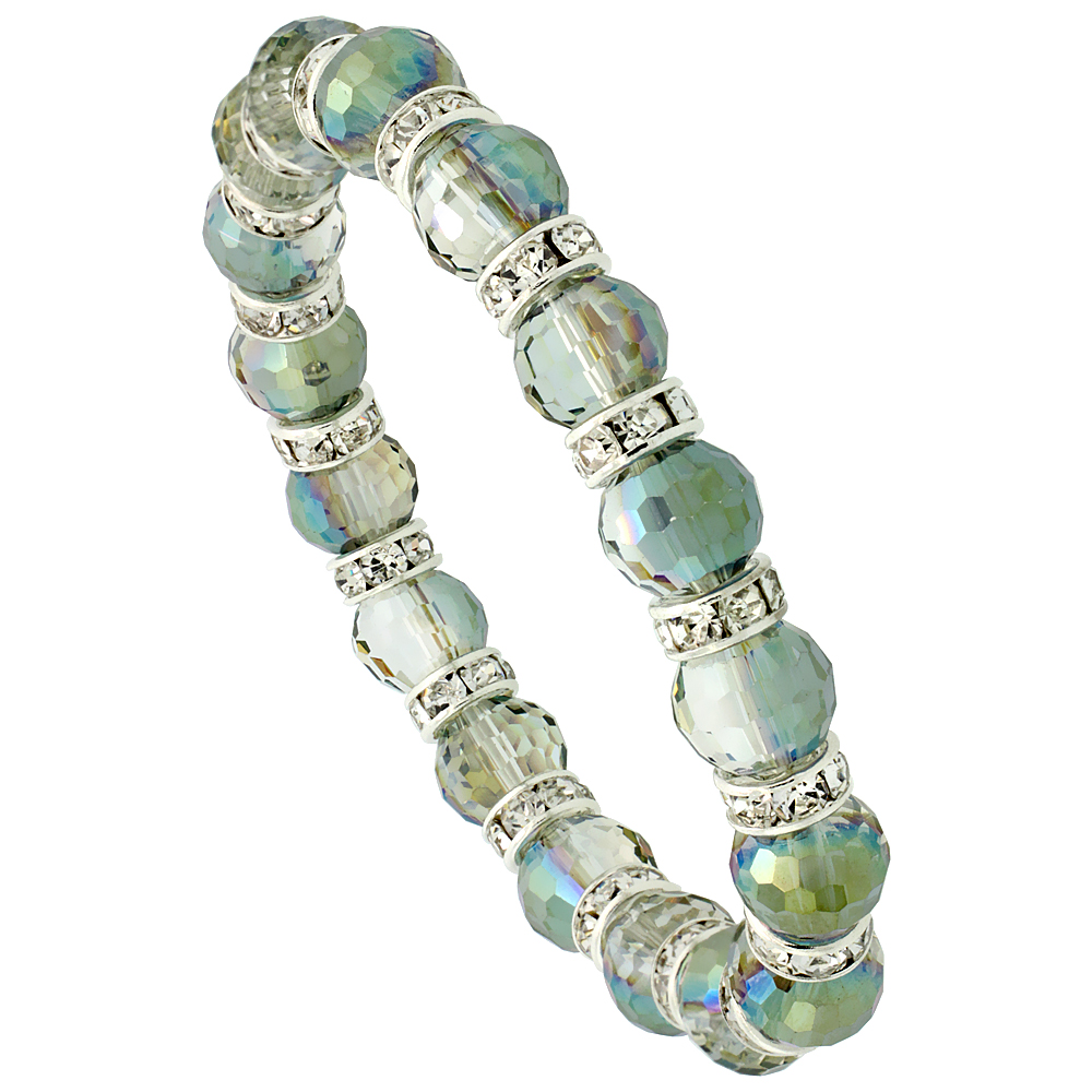 Lime Champagne Crystal Beads, Faceted, Stretch Bracelet W/ Cubic Zirconia Stones, 7 inch long