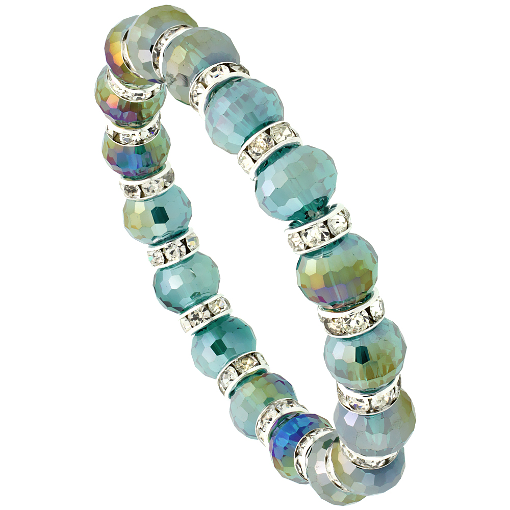 Fern Green Crystal Beads, Faceted, Stretch Bracelet W/ Cubic Zirconia Stones, 7 inch long