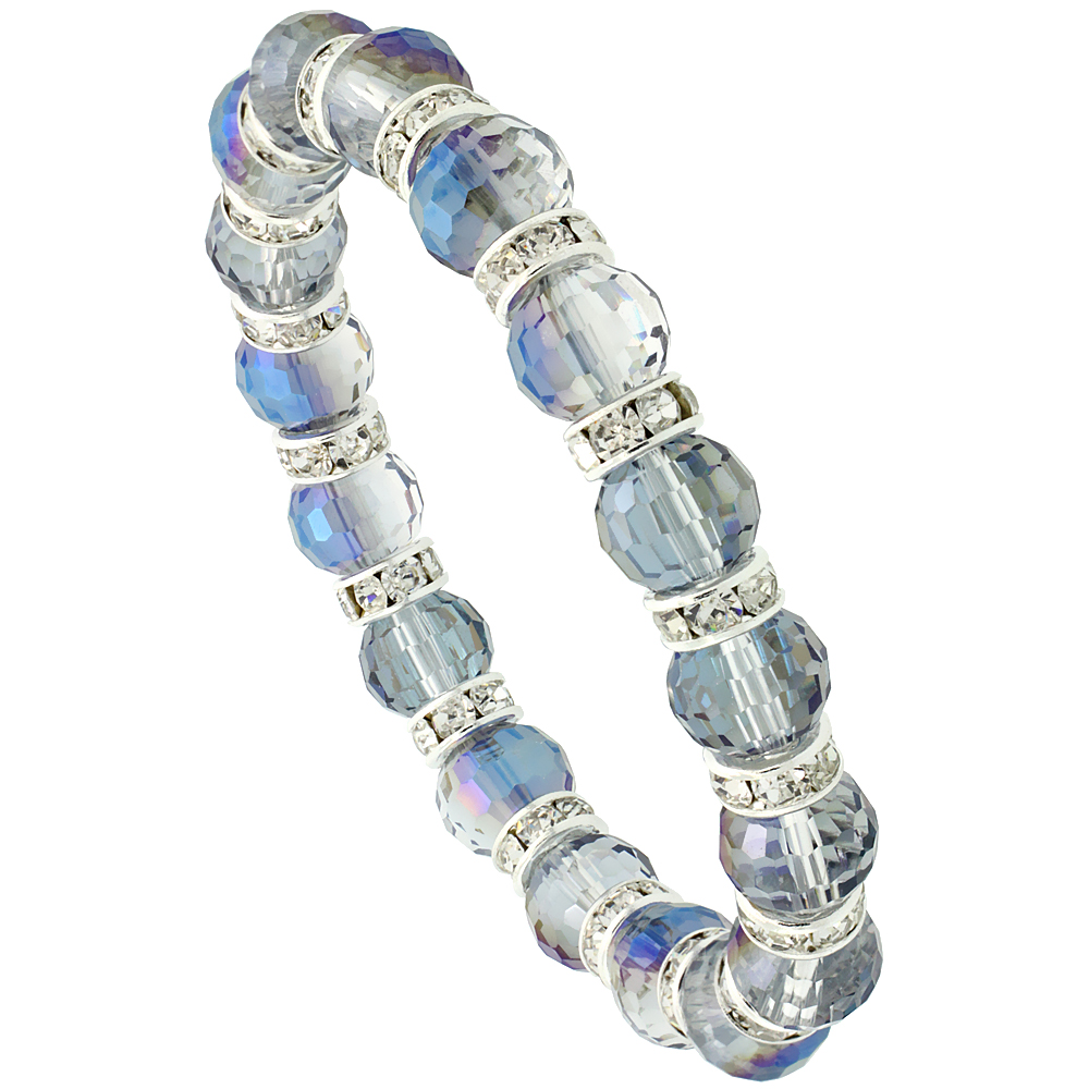 Aquamarine Crystal Beads, Faceted, Stretch Bracelet W/ Cubic Zirconia Stones, 7 inch long