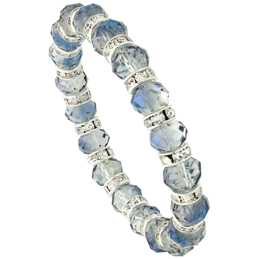 Indian Sapphire Faceted Crystal Beads Stretch Bracelet W/ Cubic Zirconia Stones, 7 inch long
