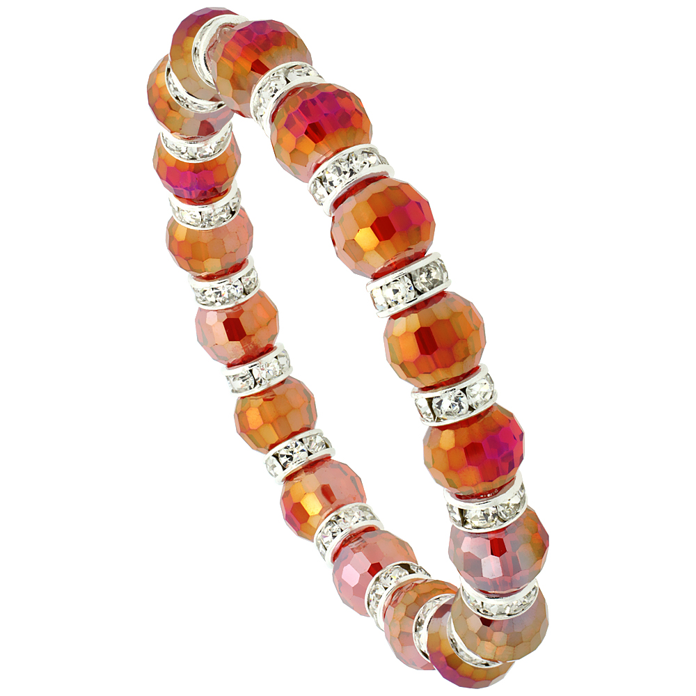 Fire Opal Faceted Crystal Beads Stretch Bracelet W/ Cubic Zirconia Stones, 7 inch long