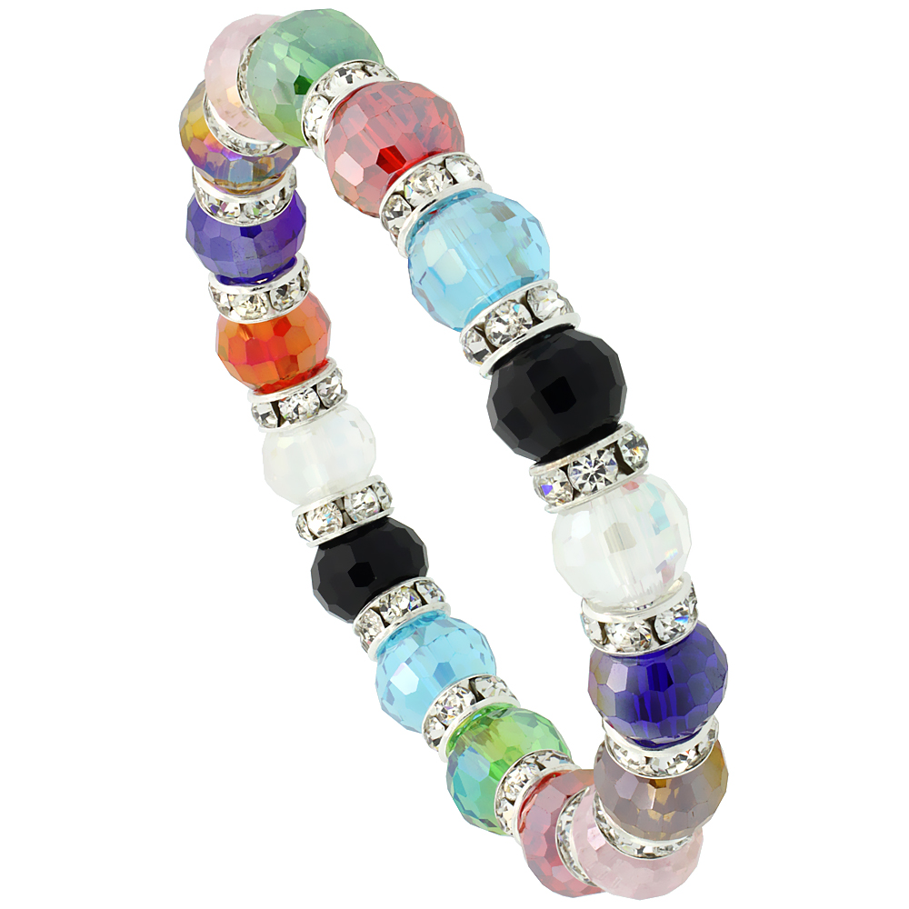Multi-Color Faceted Crystal Beads Stretch Bracelet W/ Cubic Zirconia Stones, 7 inch long
