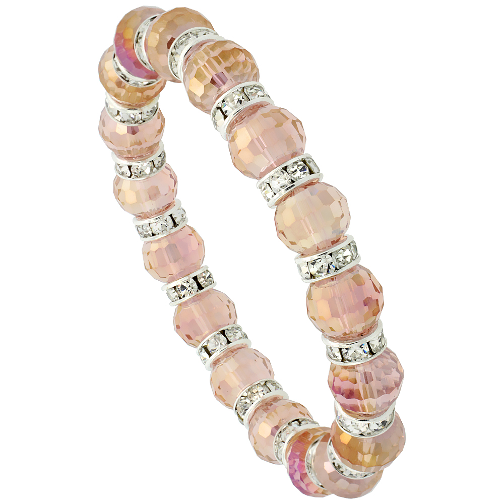 Light Rose Champagne Faceted Crystal Beads Stretch Bracelet W/ Cubic Zirconia Stones, 7 inch long
