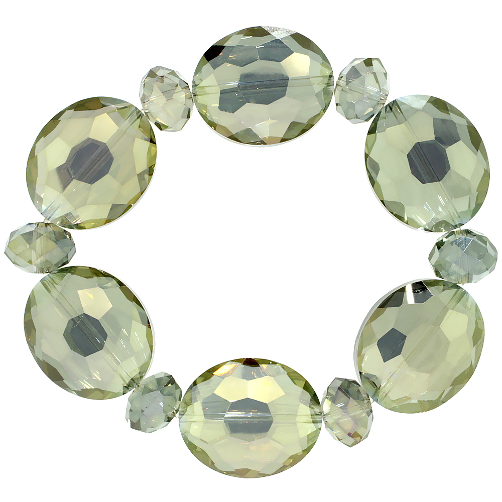 Olivine Oval & Round Faceted Crystal Beads Stretch Bracelet, 7 inch long 