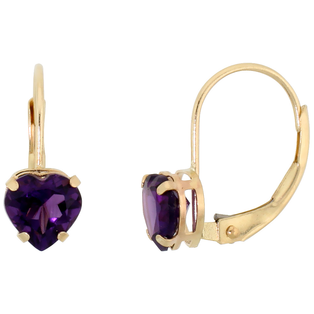 10K YELLOW GOLD NATURAL AMETHYST HEART LEVERBACK EARRINGS 6MM FEBRUARY BIRTHSTONE, 9/16 INCH LONG