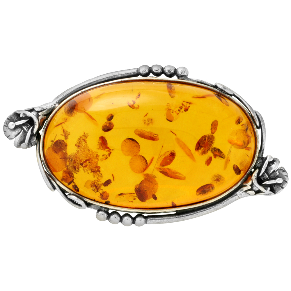 Large Sterling Silver Baltic Amber Oval Brooch Pin for Women Antiqued finish approx. with Flower Accents 2 1/4 inch wide