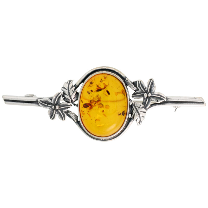 Sterling Silver Oval Russian Baltic Amber Brooch Pin, 2 9/16 inch wide