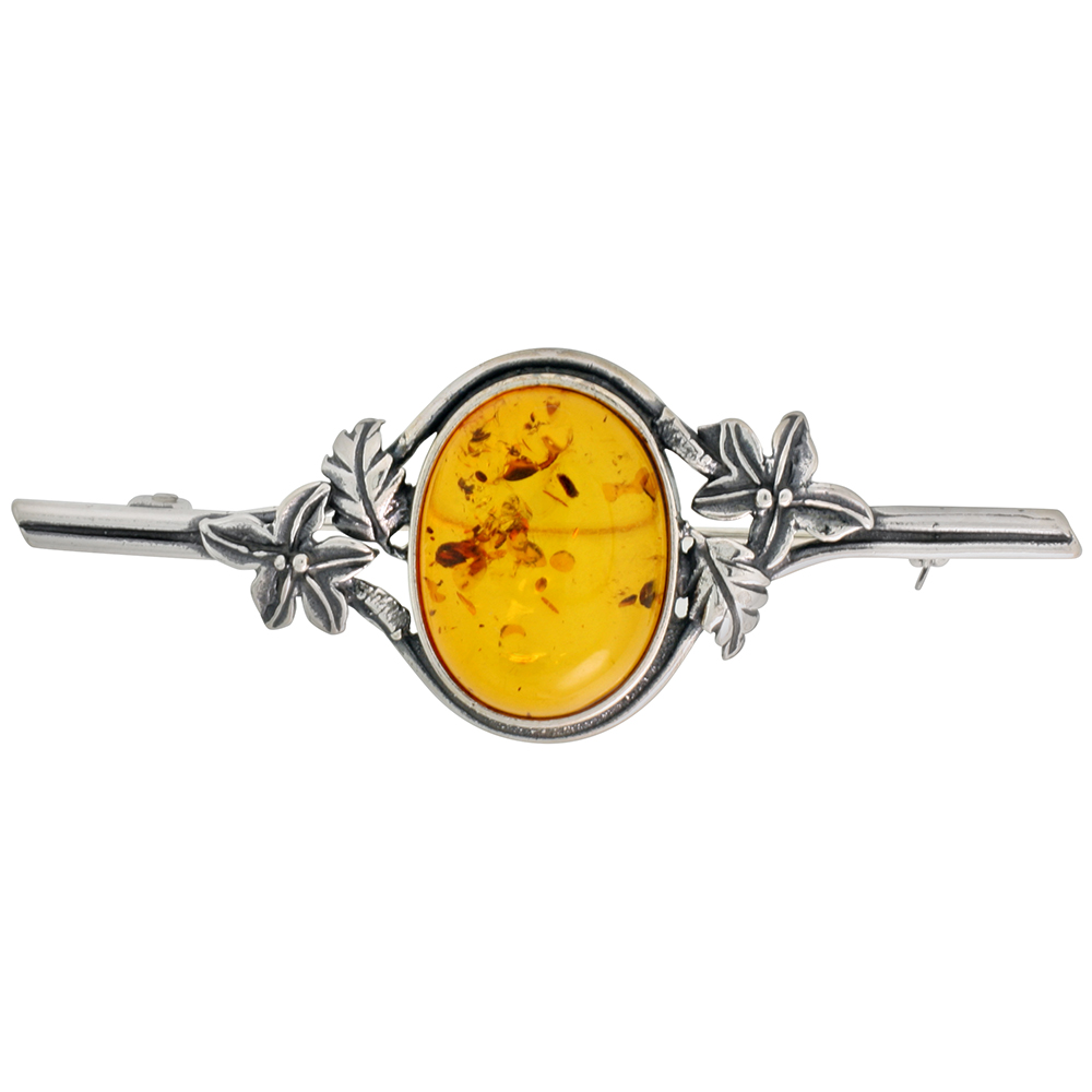 Sterling Silver Baltic Amber Oval Brooch Pin for Women Antiqued finish approx. 2 9/16 inch wide