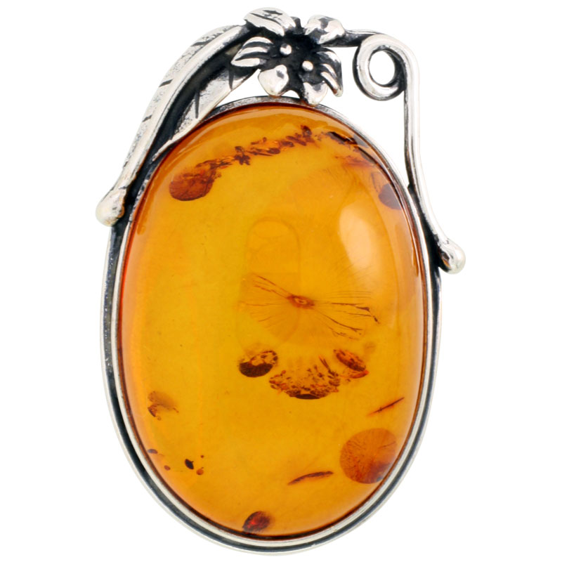 Sterling Silver Oval Russian Baltic Amber Brooch Pin, 1 5/8 inch wide