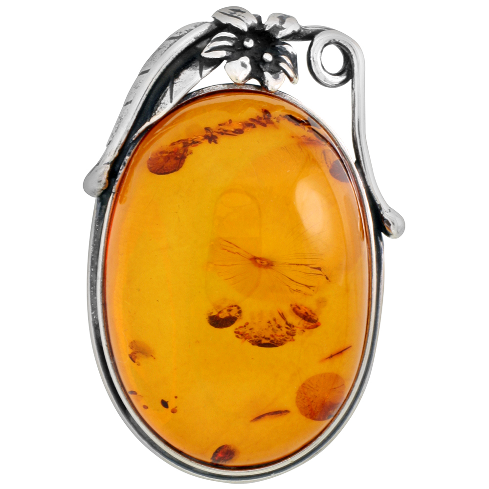 Sterling Silver Baltic Amber Oval Brooch Pin for Women Antiqued finish approx. 1 5/8 inch wide