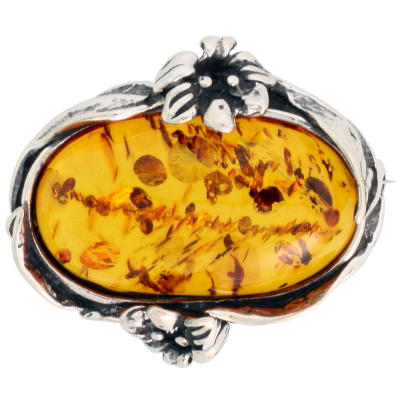Sterling Silver Oval Russian Baltic Amber Brooch Pin, 1 3/16 inch wide