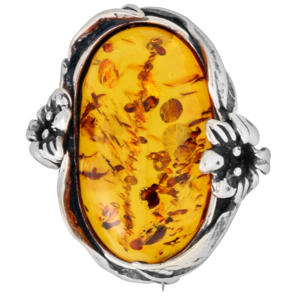 Sterling Silver Baltic Amber Oval Brooch Pin for Women Antiqued finish approx. 1 3/16 inch wide