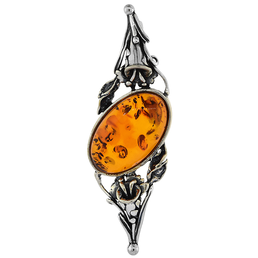 Sterling Silver Oval Russian Baltic Amber Brooch Pin with Trumpet flower Accents, 2 5/8 inch wide