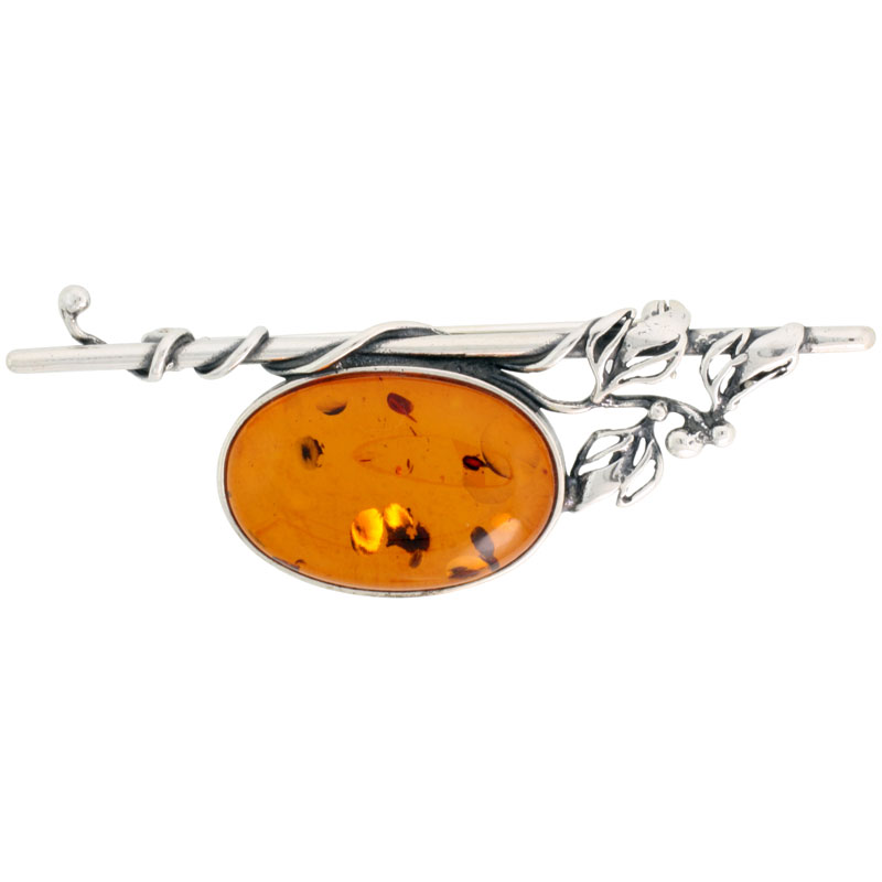 Sterling Silver Oval Russian Baltic Amber Brooch Pin with Vine Accents, 2 7/16 inch wide