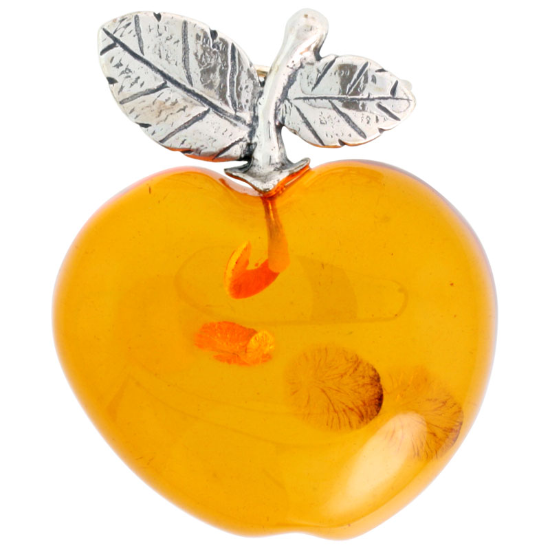 Sterling Silver Apple Russian Baltic Amber Brooch Pin, 1 9/16 inch wide