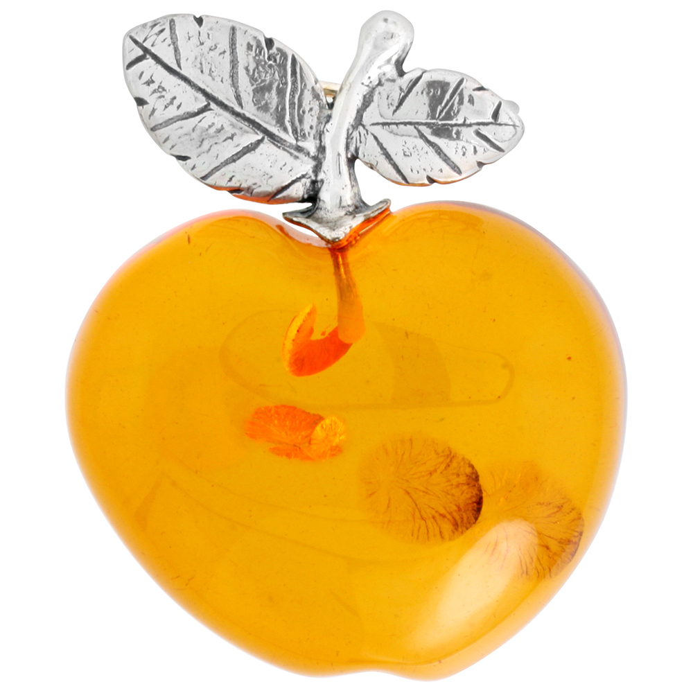 Sterling Silver Baltic Amber Apple Brooch Pin for Women Antiqued finish approx. 1 9/16 inch wide