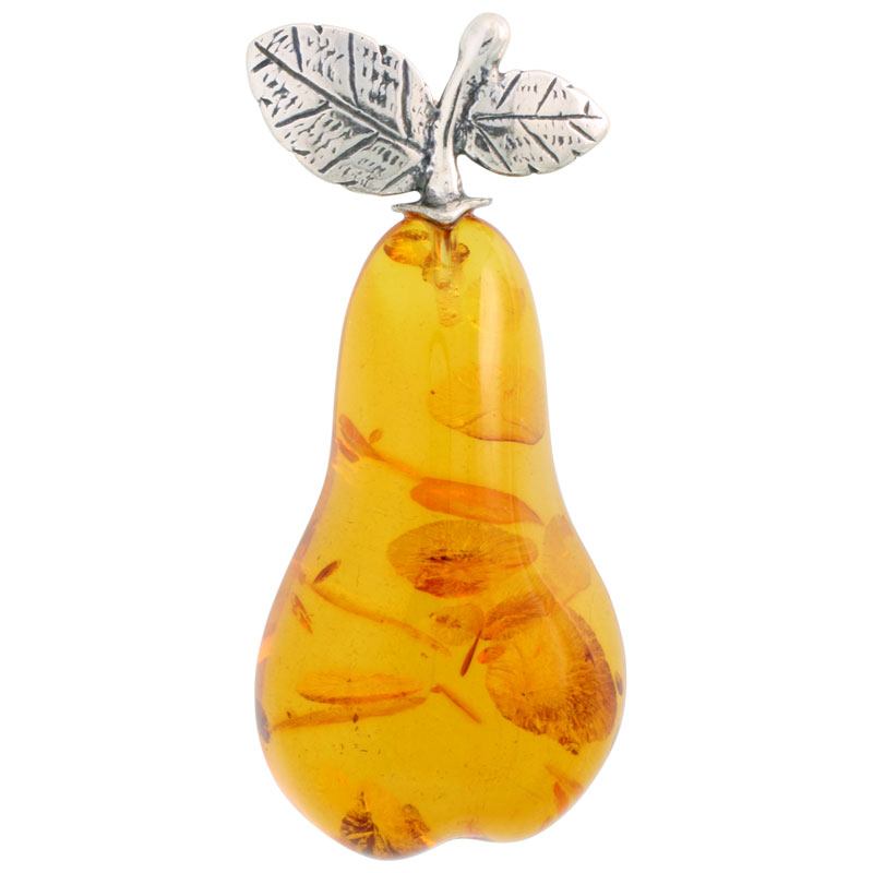 Sterling Silver Pear Russian Baltic Amber Brooch Pin, 2 1/16 inch wide