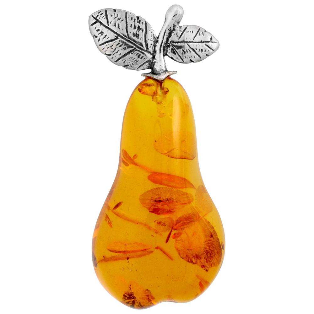 Sterling Silver Baltic Amber Pear Brooch Pin for Women Antiqued finish approx. 2 1/16 inch wide