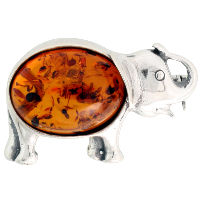 Sterling Silver Elephant Russian Baltic Amber Brooch Pin, 1 1/16 inch wide