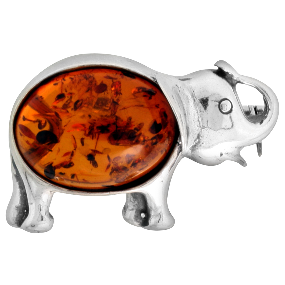 Sterling Silver Baltic Amber Elephant Brooch Pin for Women Antiqued finish approx. 1 1/16 inch wide