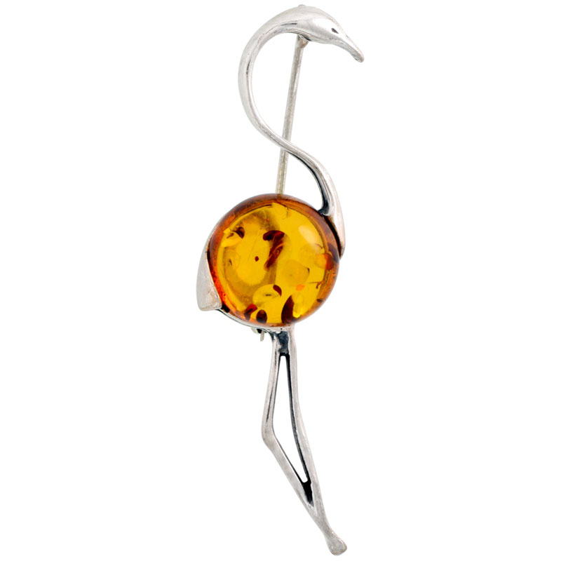 Sterling Silver Flamingo Russian Baltic Amber Brooch Pin, 2 3/8 inch wide