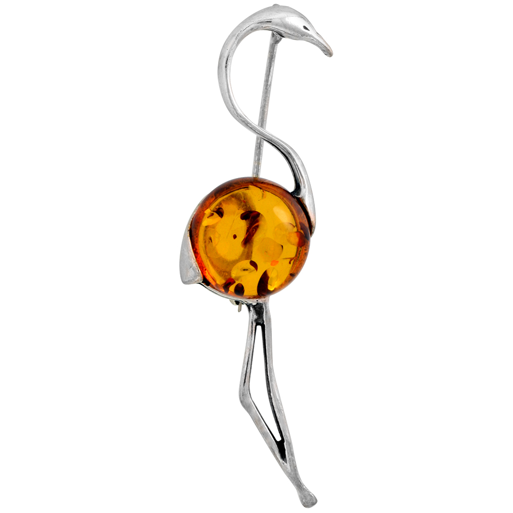 Sterling Silver Baltic Amber Flamingo Brooch Pin for Women Antiqued finish approx. 2 3/8 inch wide