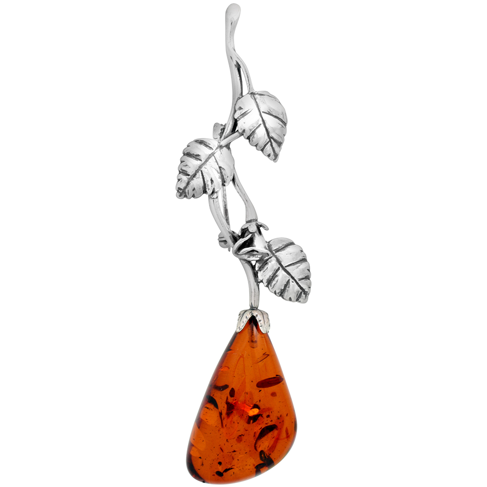 Sterling Silver Baltic Amber Vine Brooch Pin for Women Antiqued finish approx. 3 1/2 inch long