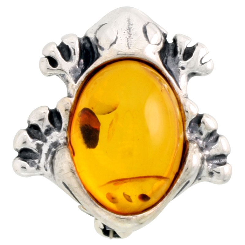 Sterling Silver Frog Russian Baltic Amber Brooch Pin, 13/16 inch wide