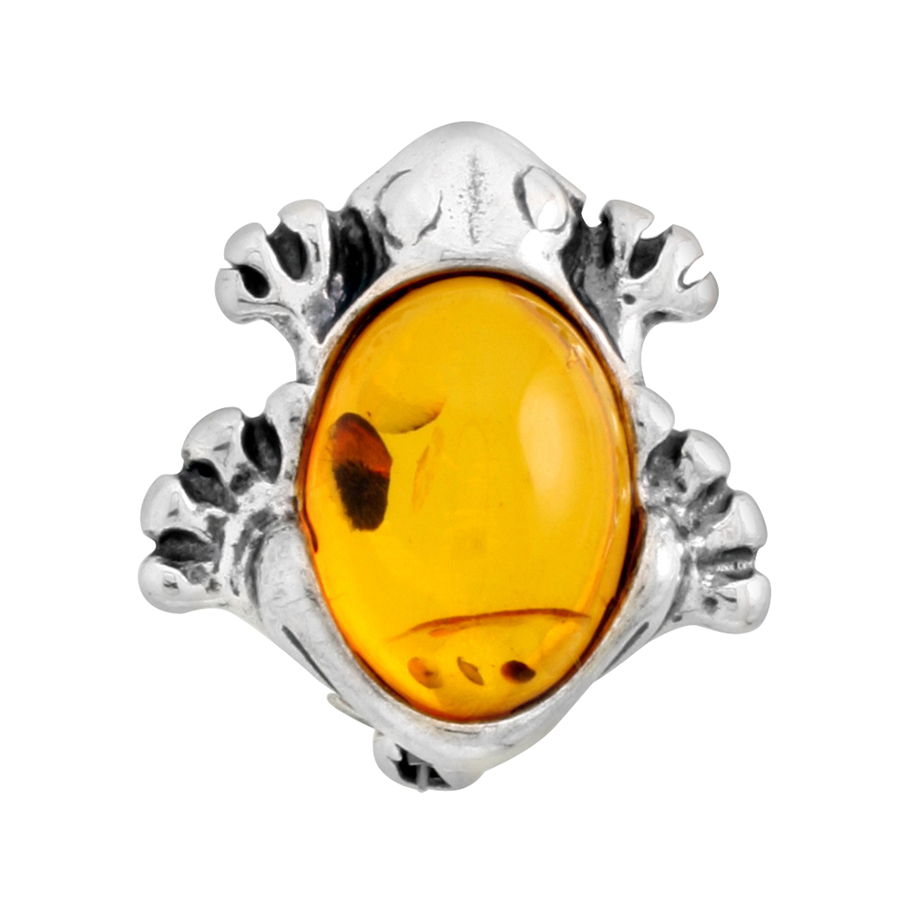 Sterling Silver Baltic Amber Frog Brooch Pin for Women Antiqued finish approx. 13/16 inch wide