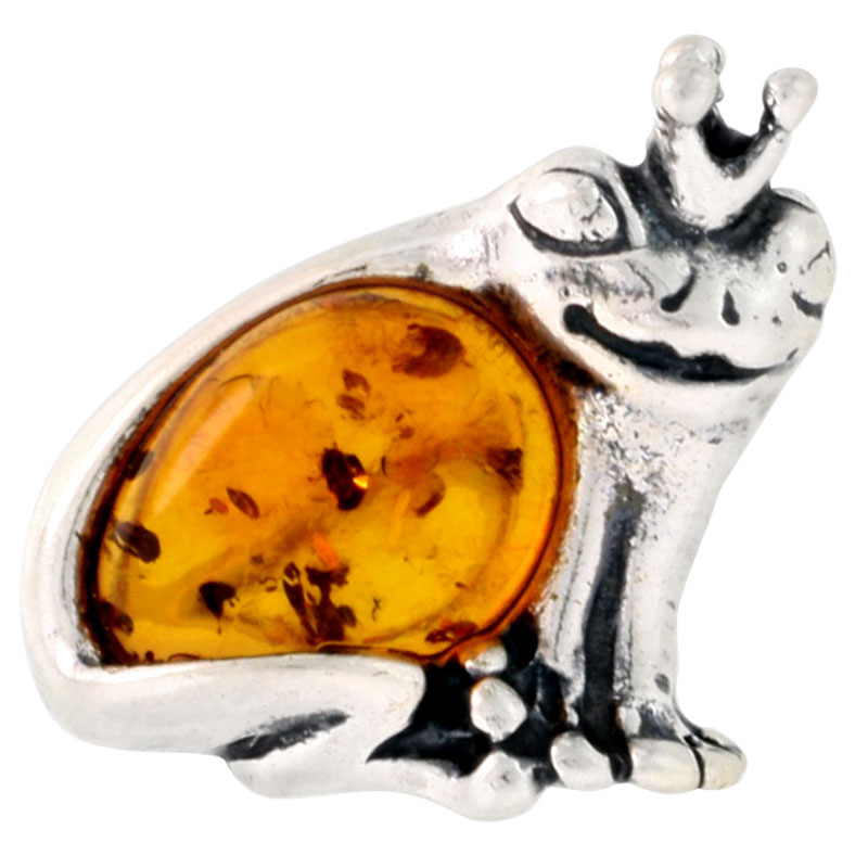 Sterling Silver Prince Frog Russian Baltic Amber Brooch Pin, 11/16 inch wide