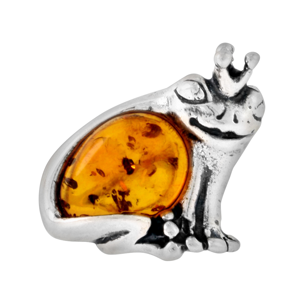 Sterling Silver Baltic Amber Frog Prince Brooch Pin for Women Antiqued finish approx. 11/16 inch wide