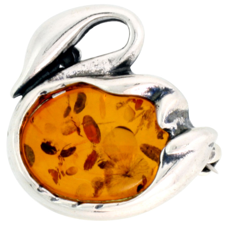 Sterling Silver Swan Russian Baltic Amber Brooch Pin, 13/16 inch wide