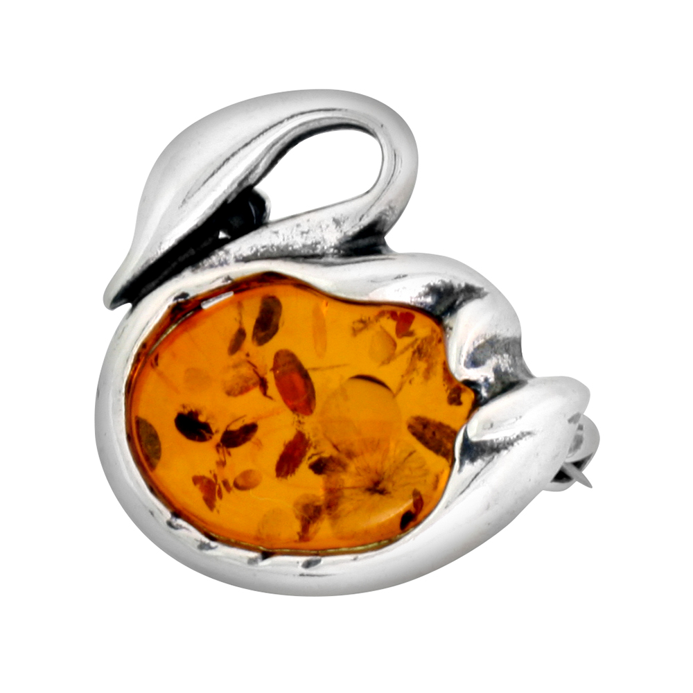 Sterling Silver Baltic Amber Swan Brooch Pin for Women Antiqued finish approx. 13/16 inch wide