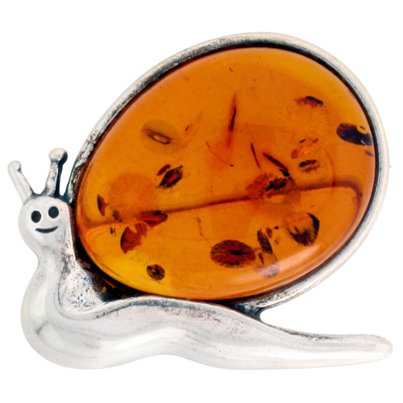 Sterling Silver Snail Russian Baltic Amber Brooch Pin, 1 1/4 inch wide