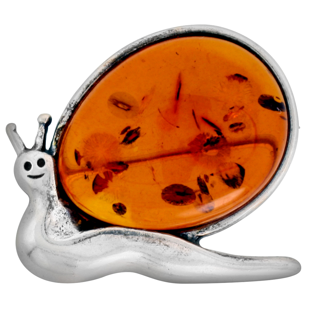 Sterling Silver Baltic Amber Snail Brooch Pin for Women Antiqued finish approx. 1 1/4 inch wide