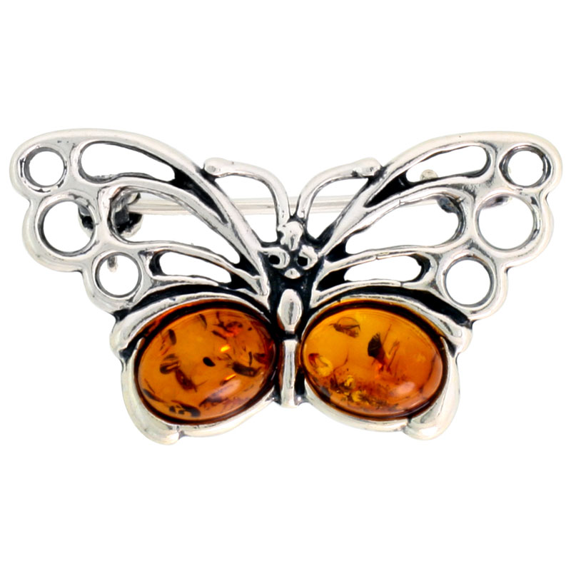 Sterling Silver Butterfly Russian Baltic Amber Brooch Pin, 1 1/4 inch wide