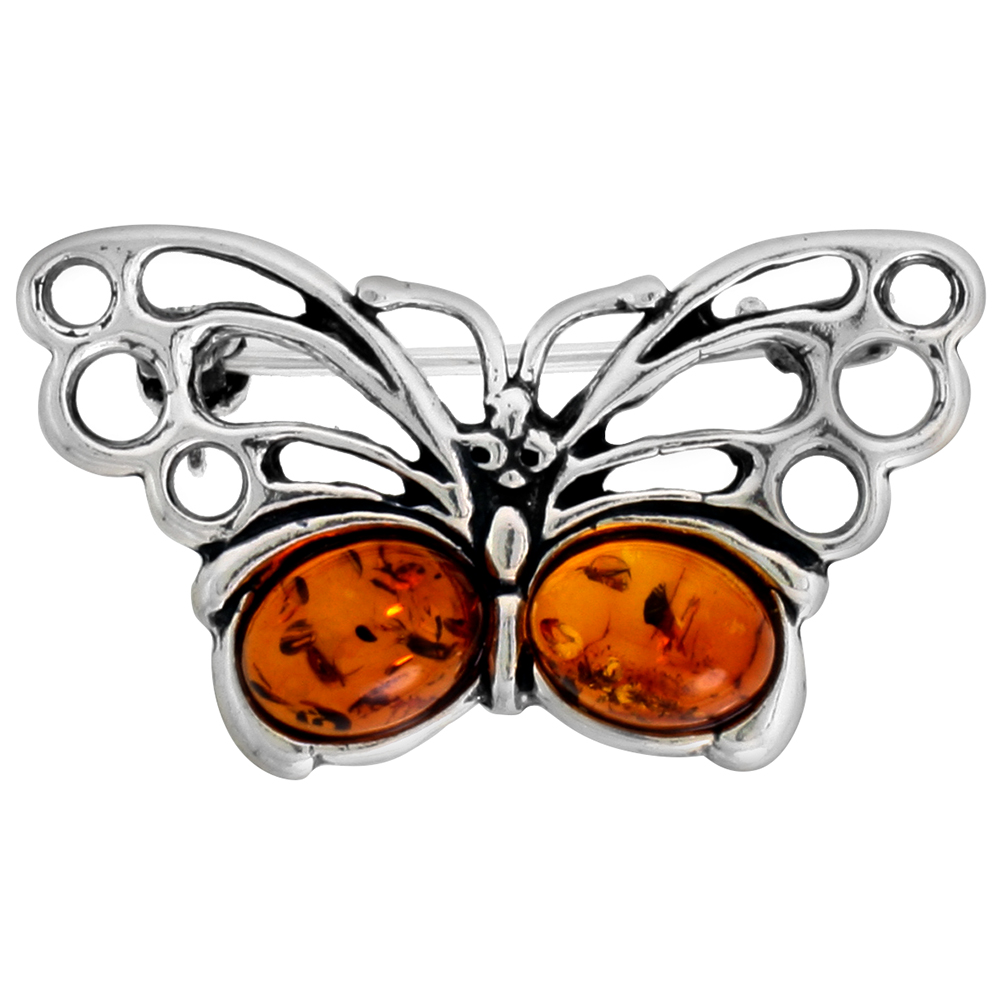 Sterling Silver Baltic Amber Butterfly Brooch Pin for Women Antiqued finish approx. 1 1/4 inch wide