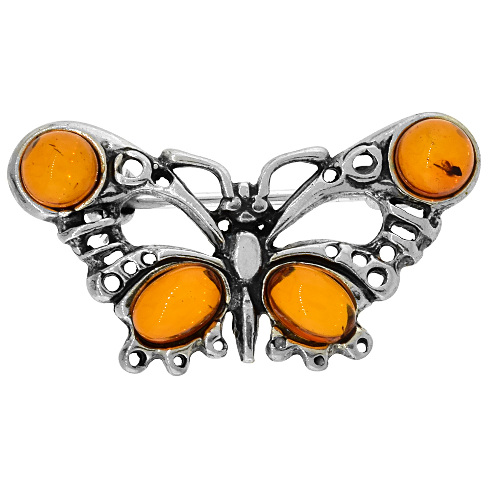 Sterling Silver Butterfly Russian Baltic Amber Brooch Pin, 1 3/16 inch wide