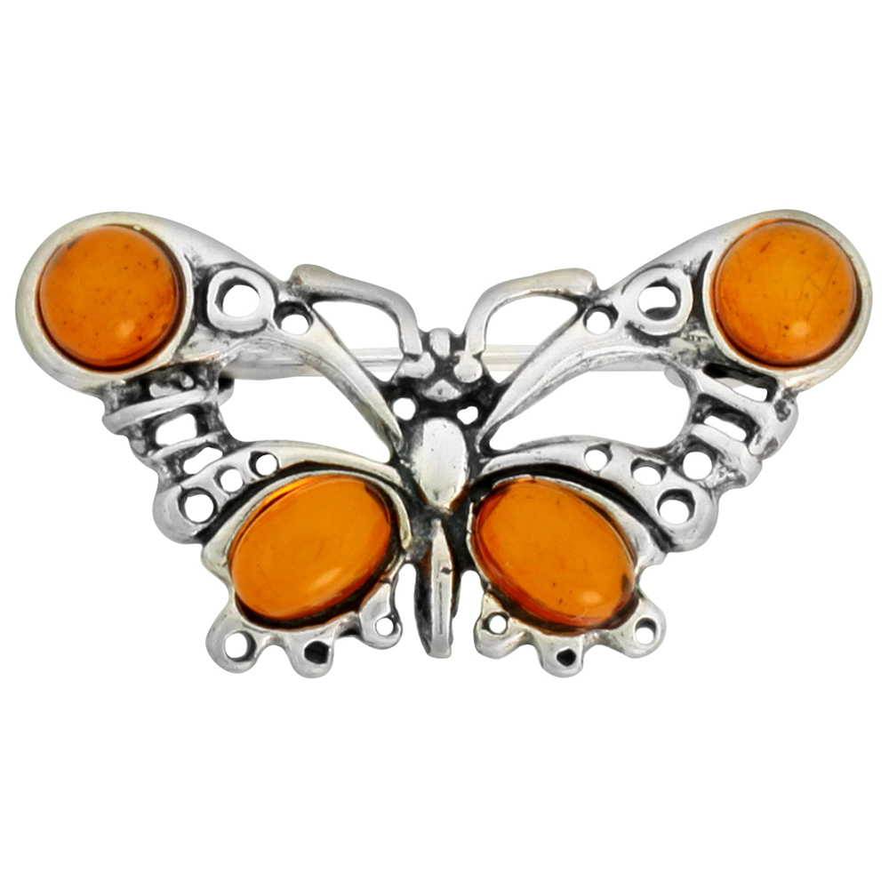 Sterling Silver Baltic Amber Butterfly Brooch Pin for Women Antiqued finish approx. 1 3/16 inch wide