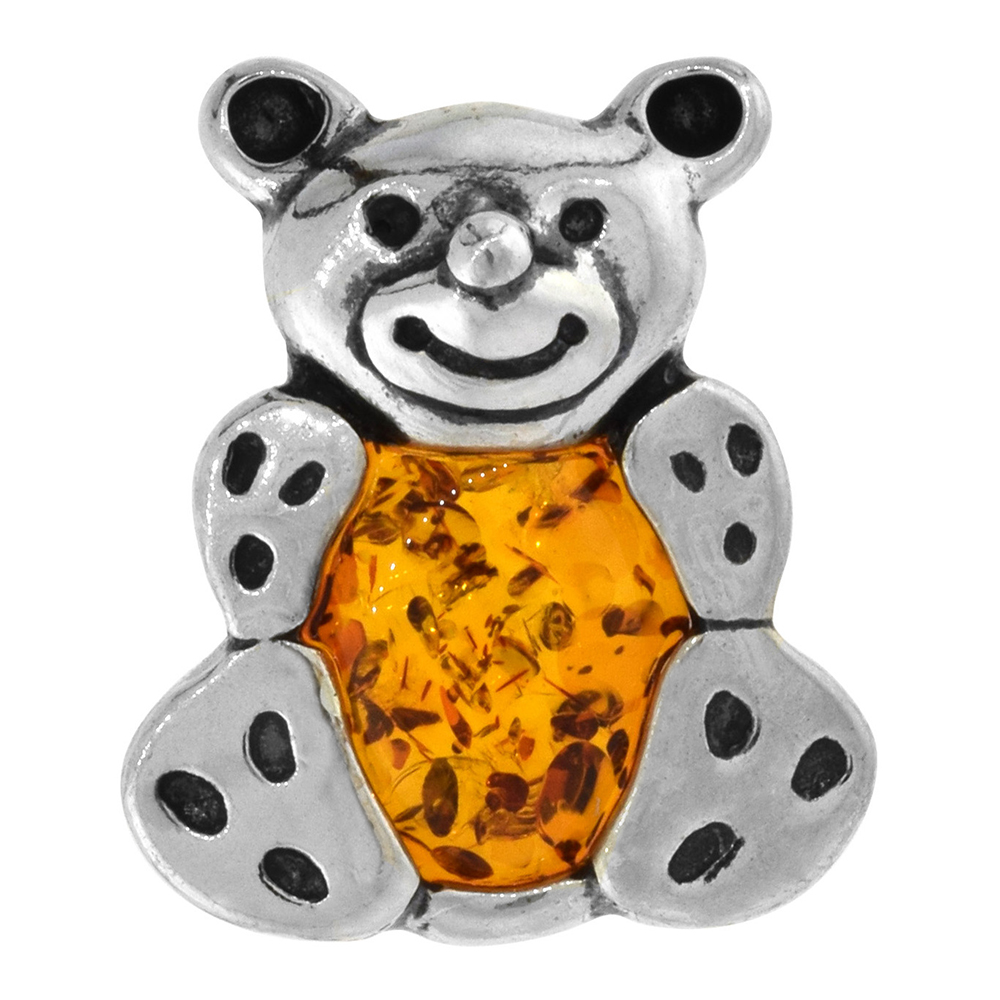 Sterling Silver Baltic Amber Teddy Bear Brooch Pin for Women Antiqued finish approx. 15/16 inch wide