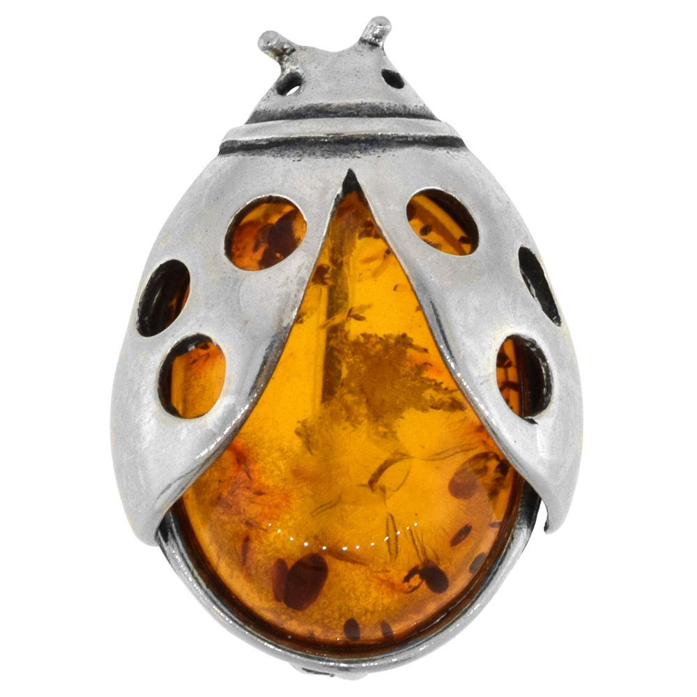 Sterling Silver Baltic Amber Ladybug Brooch Pin for Women Antiqued finish approx. 1 inch wide